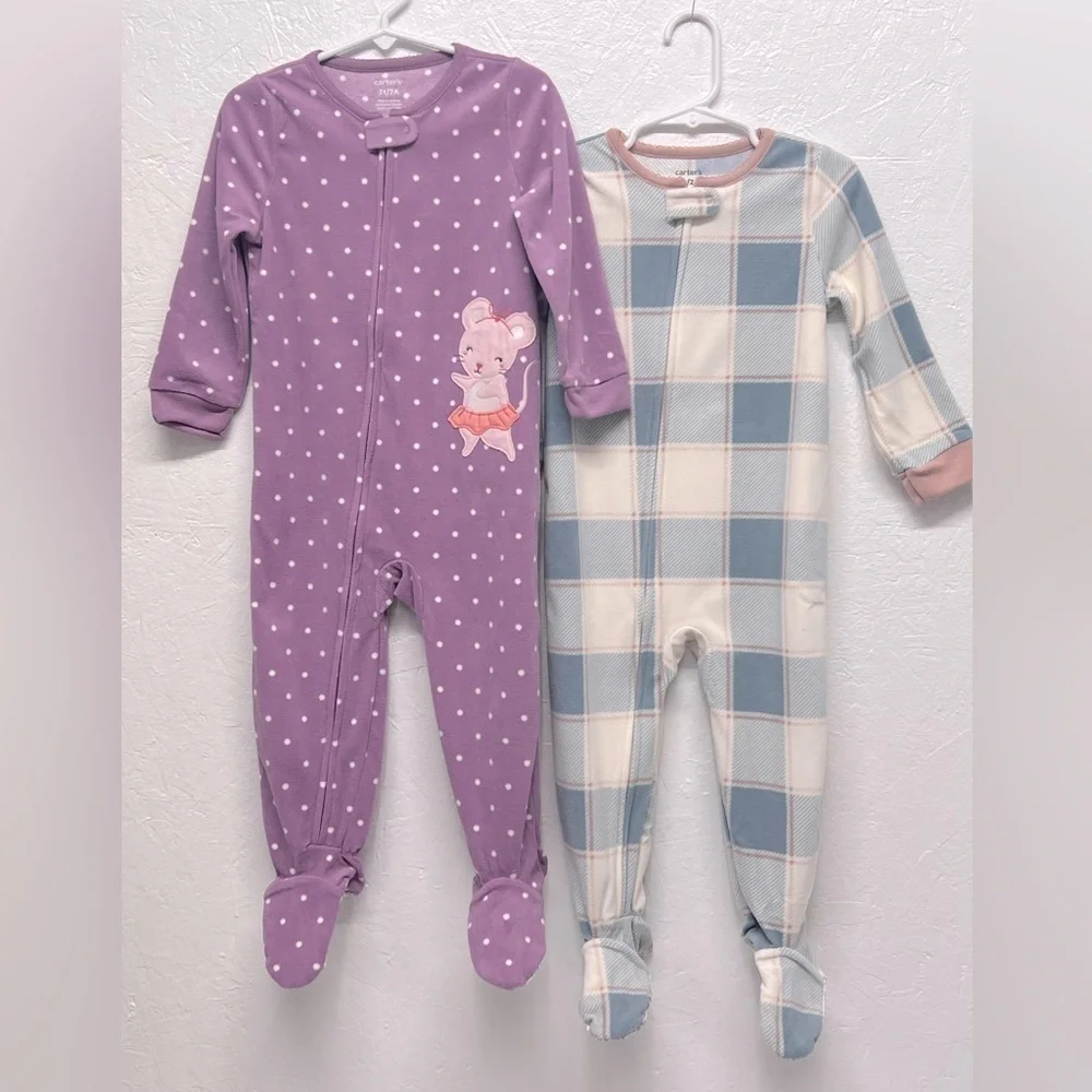 CARTER'S 2 Pack - 1 Pc Fleece Sleepwear Purple polka dots Balerina, Plaid - 2T